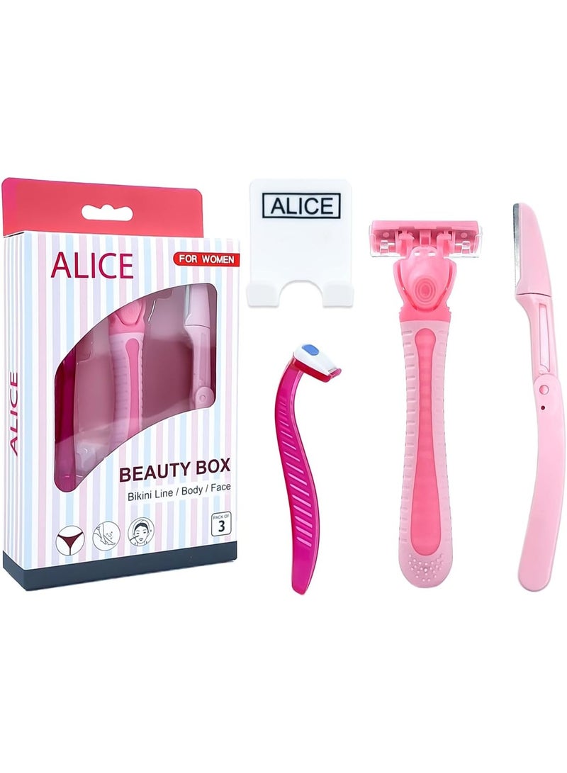 أليس مجموعة من 3 شفرات حلاقة، للعناية بالوجه والجسم، للنساء، تأتي مع حامل وشفرتين للحامل - Image 1